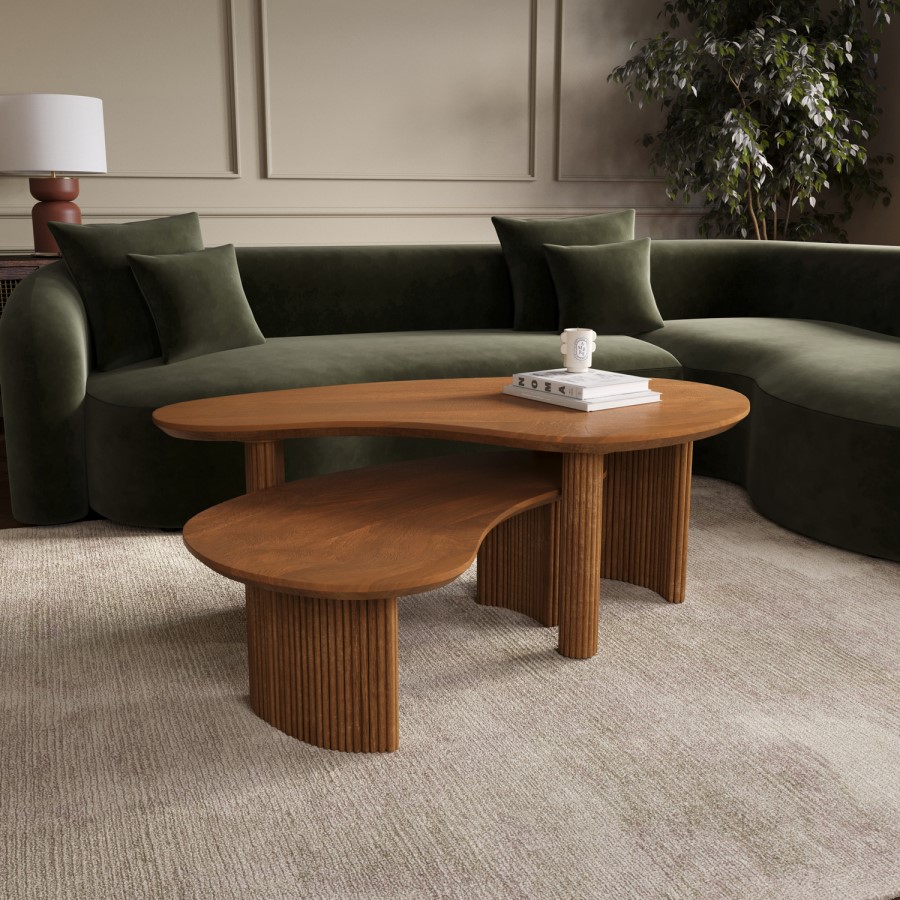 Curved Mango Wood Coffee Table with 2 Legs - Ivan