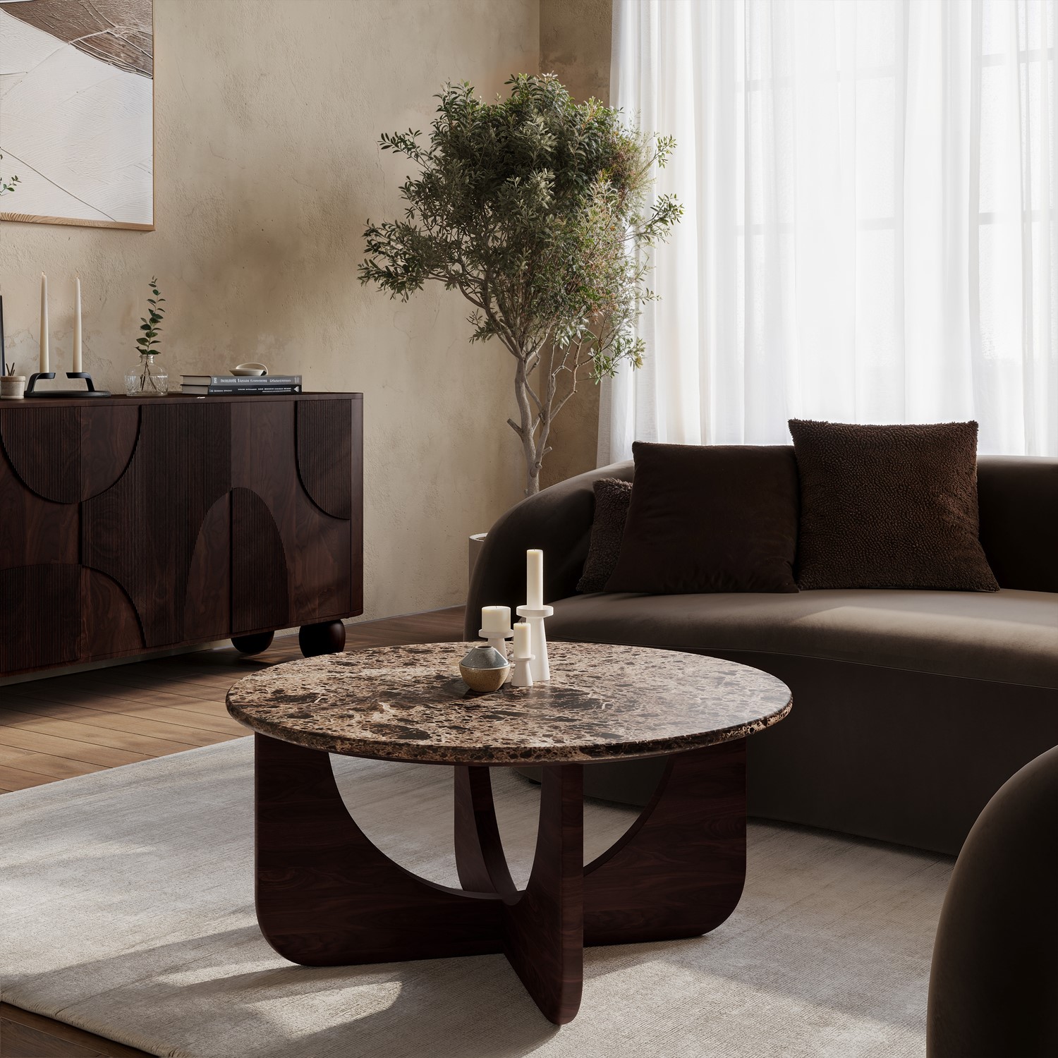 Ivan Brown Large Round Marble And Walnut Coffee Table