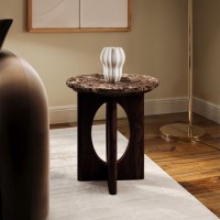Round Brown Marble and Walnut Side Table - Ivan