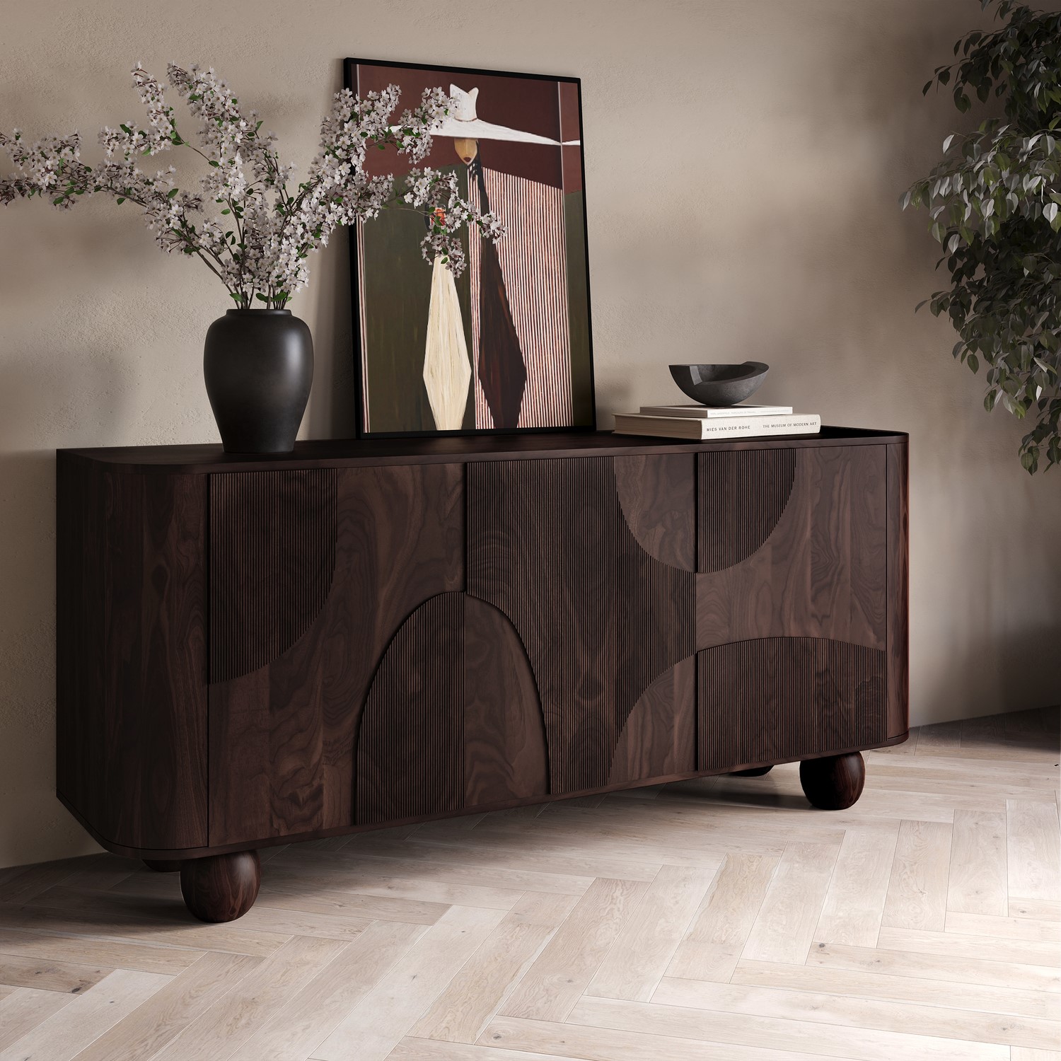 Large Walnut Sideboard Ball Feet
