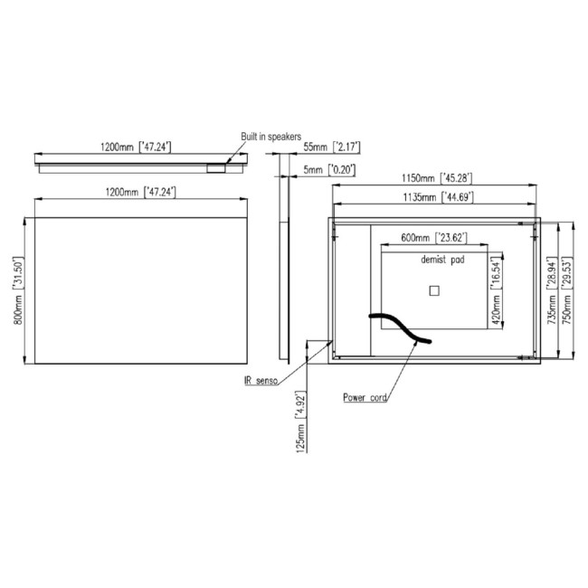 Rectangular Backlit Heated Bathroom Mirror with Lights & Bluetooth Speaker 1200 x 800mm - Vela