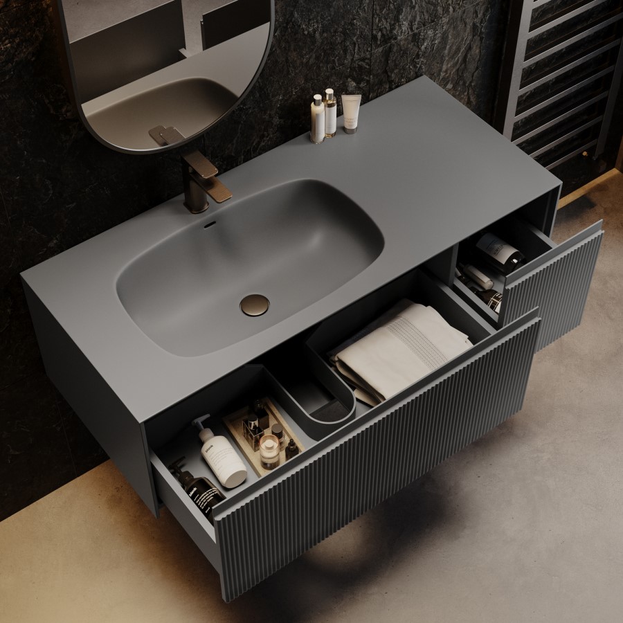 1200mm Grey Fluted Wall Hung Vanity Unit with Aluminium Basin - Venice