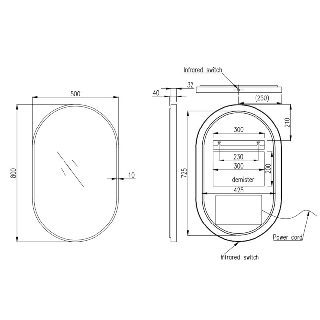 Oval Gunmetal Backlit Heated Bathroom Mirror with Lights 500 x 800mm - Venus