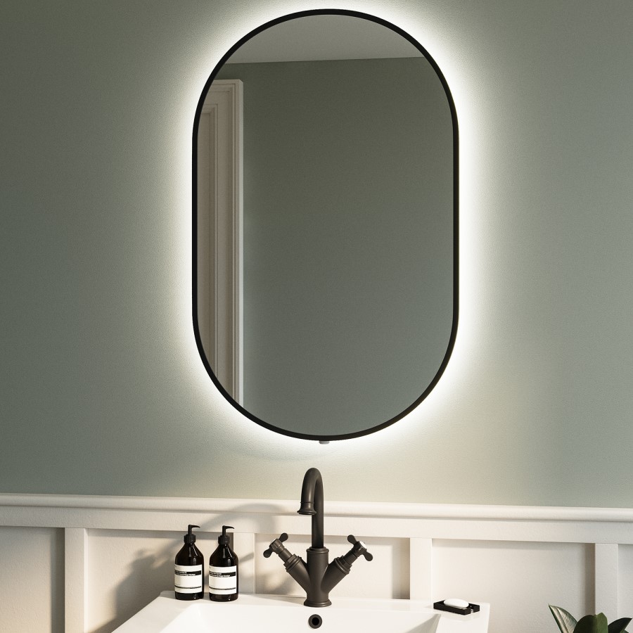 Oval Black Backlit Bathroom Mirror with Battery Operated Lights 500 x 800mm - Venus