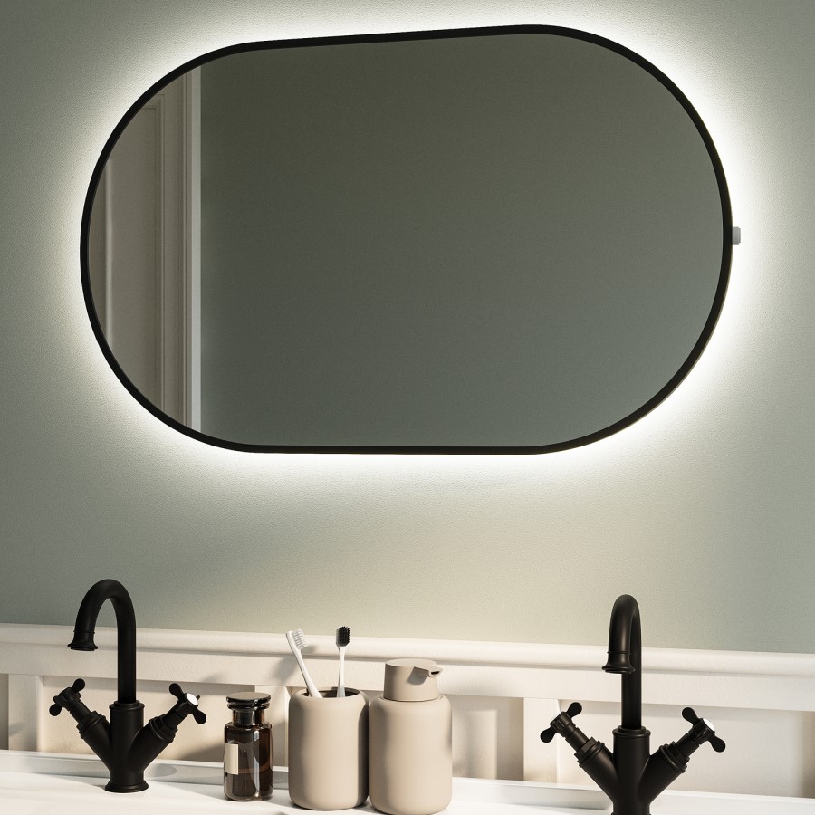 Oval Black Backlit Bathroom Mirror with Battery Operated Lights 500 x 800mm - Venus