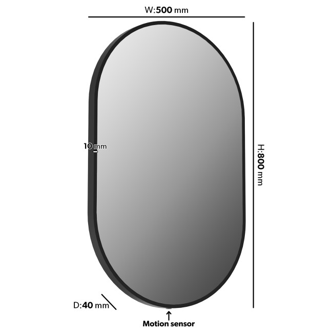 Oval Black Backlit Heated Bathroom Mirror with Lights 500 x 800mm - Venus