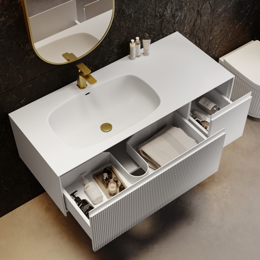 1200mm White Fluted Wall Hung Vanity Unit with Aluminium Basin - Venice