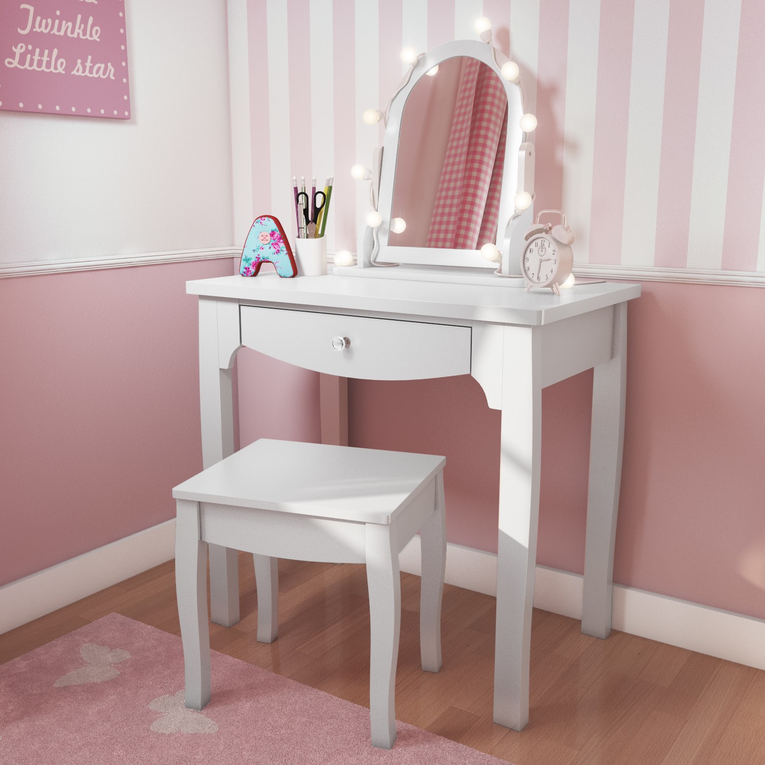 Victoria Girls White Dressing Table With Stool & Mirror - Furniture123 Victoria Girls White Dressing Table With Stool & Mirror - Furniture123