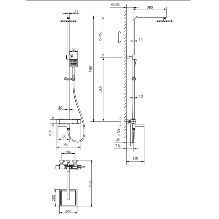 Chrome Square Thermostatic Bar Bath Mixer Shower Set with Slide Rail Kit & Hand Shower - Vira