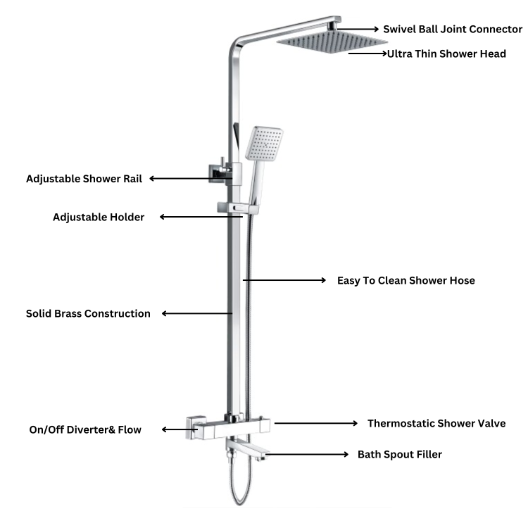 Chrome Square Thermostatic Bar Bath Mixer Shower Set with Slide Rail Kit & Hand Shower - Vira