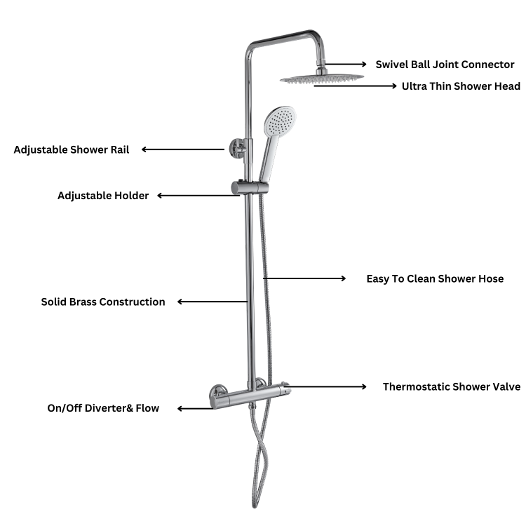 Chrome Round Thermostatic Bar Mixer Shower Set with Slide Rail Kit & Hand Shower - Vira