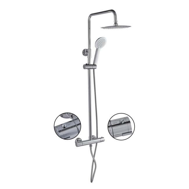 Chrome Round Thermostatic Bar Mixer Shower Set with Slide Rail Kit & Hand Shower - Vira