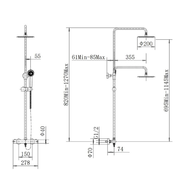 Chrome Round Thermostatic Bar Mixer Shower Set with Slide Rail Kit & Hand Shower - Vira