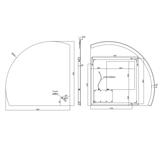 Quarter Circle Backlit Heated Bathroom Mirror with Lights 800mm – Virgo