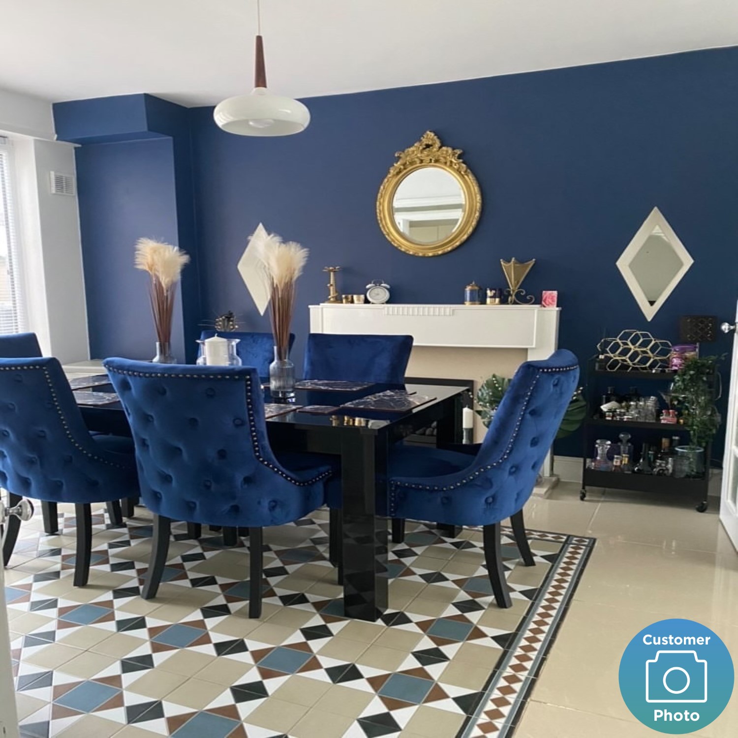 6 Navy Blue Velvet Dining Chairs, Blue Dining Room