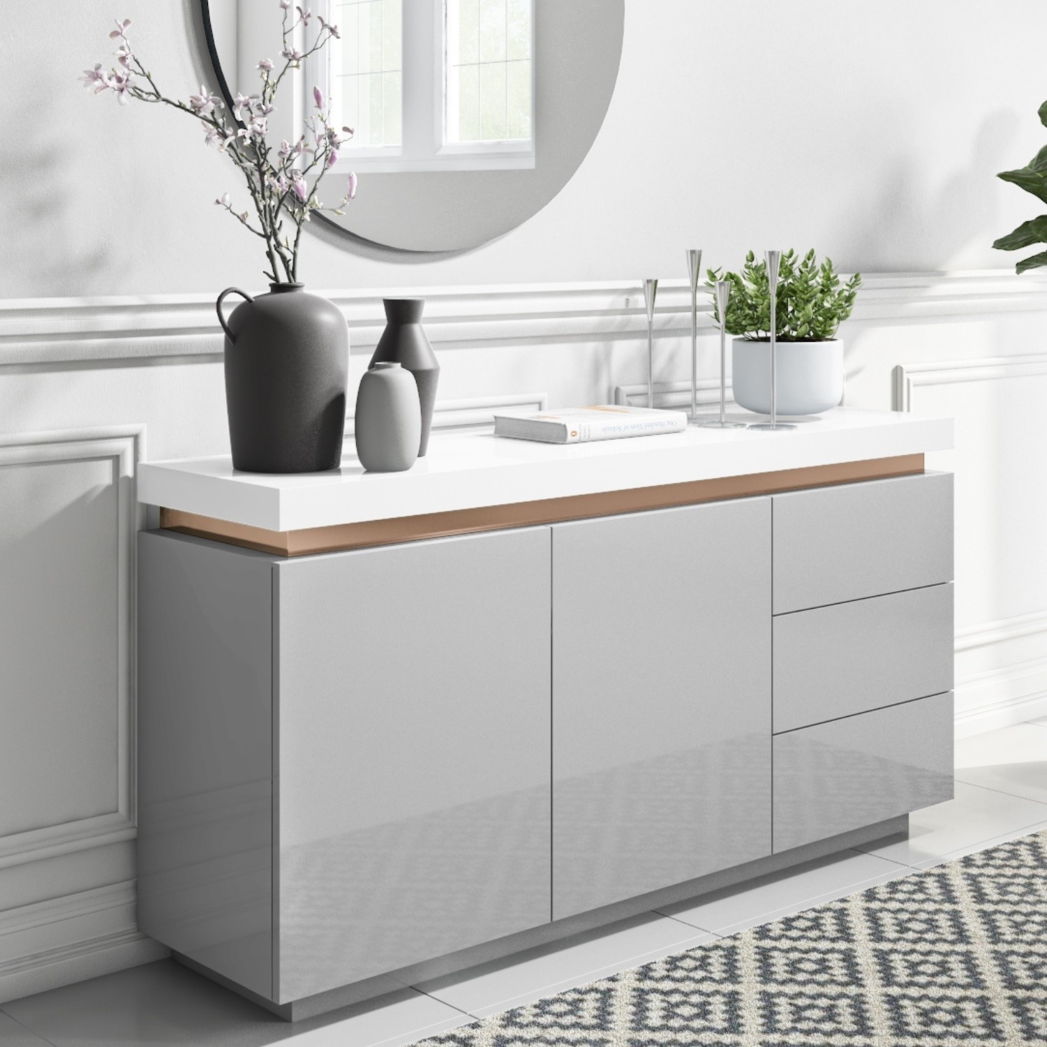 Grey & White Gloss Sideboard with Copper Inlay  Vivienne