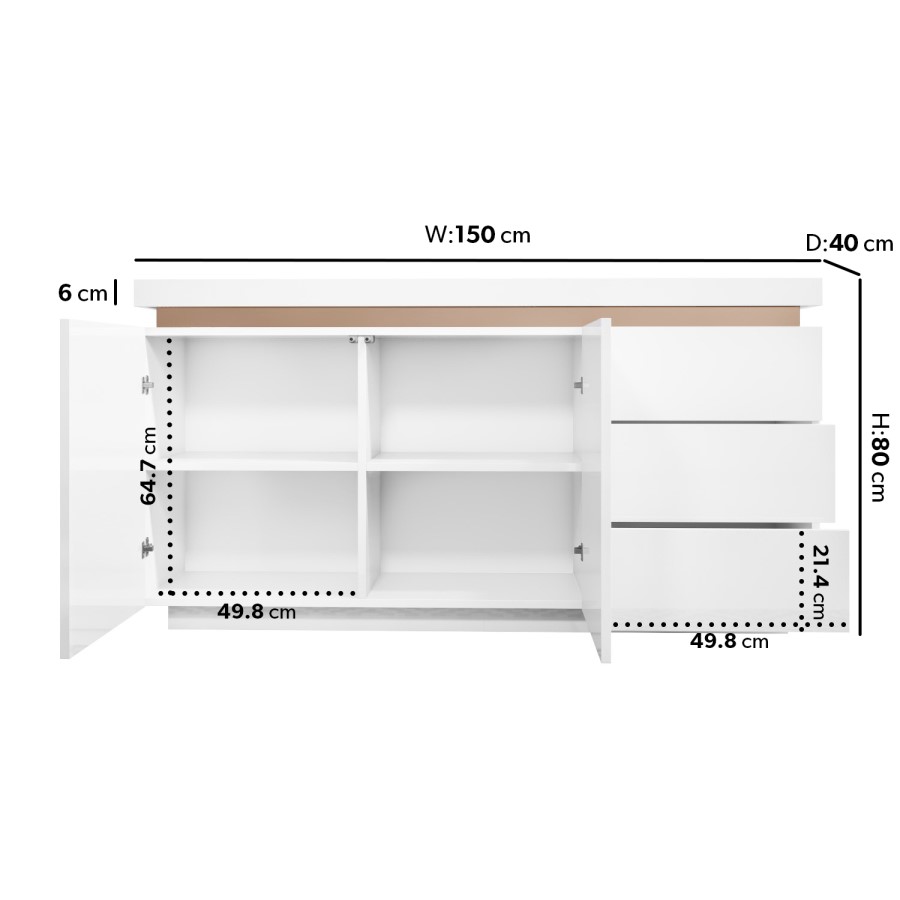 Large White High Gloss Sideboard with Brass Inlay - Vivienne