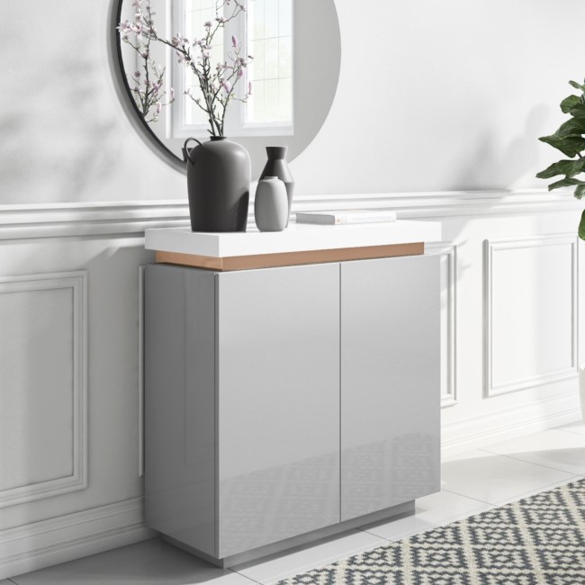 GRADE A1 - Small Grey & White Gloss Sideboard with Copper Inlay - Vivienne