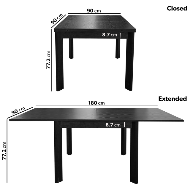 ONLY OPENED - Small Black Wooden Square Extendable Dining Table - Seats 2 - 6 - Vivienne