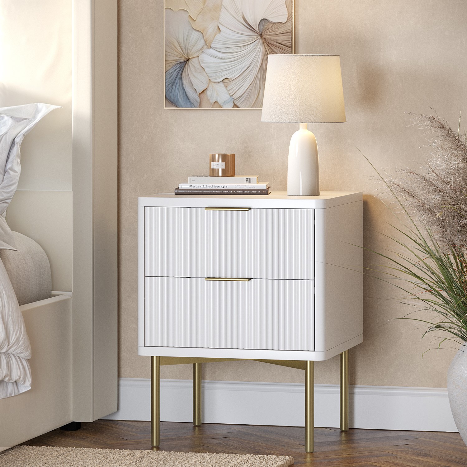 White Ribbed Rounded Bedside Table Perth Modern Ribbed White High Gloss 2 Drawer Bedside Table - Valencia ...