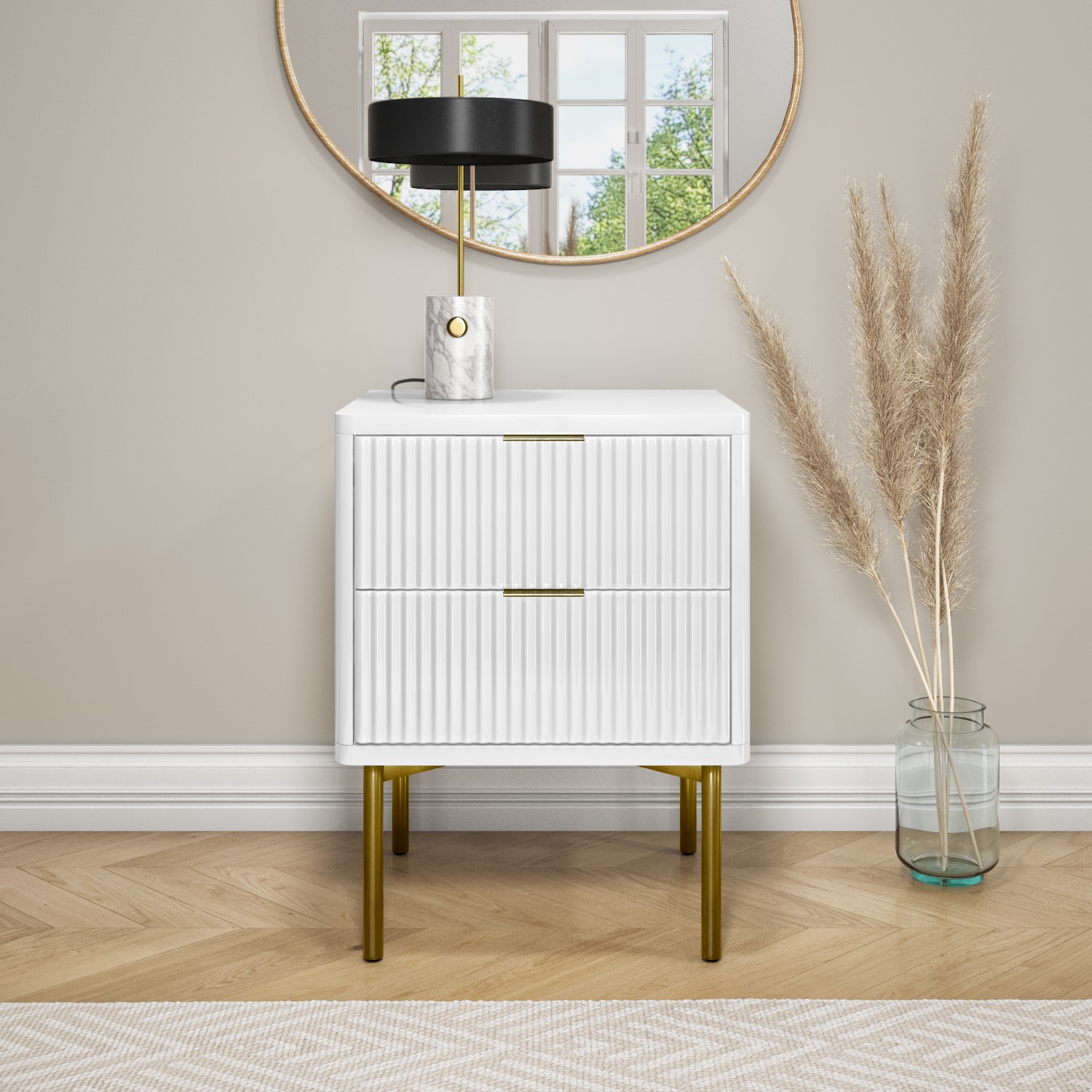 Read more about White and gold high gloss 2 drawer bedside table with legs valencia