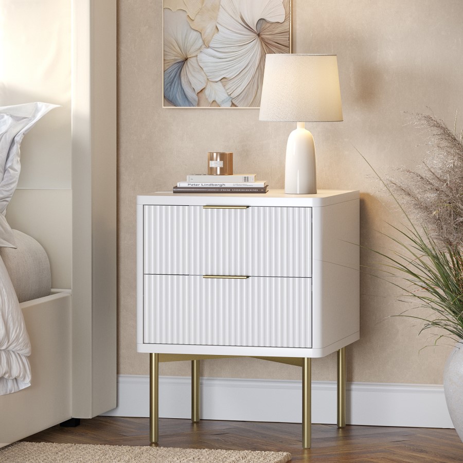 White and Gold High Gloss 2 Drawer Bedside Table with Legs - Valencia