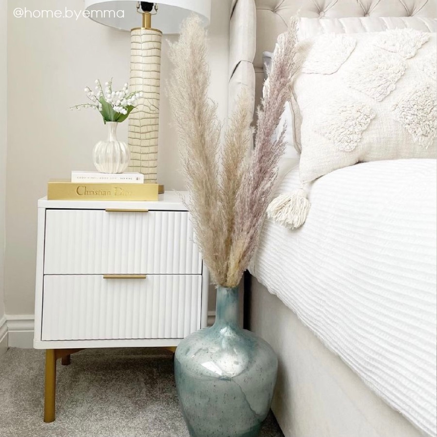 ONLY OPENED - White and Gold High Gloss 2 Drawer Bedside Table with Legs - Valencia