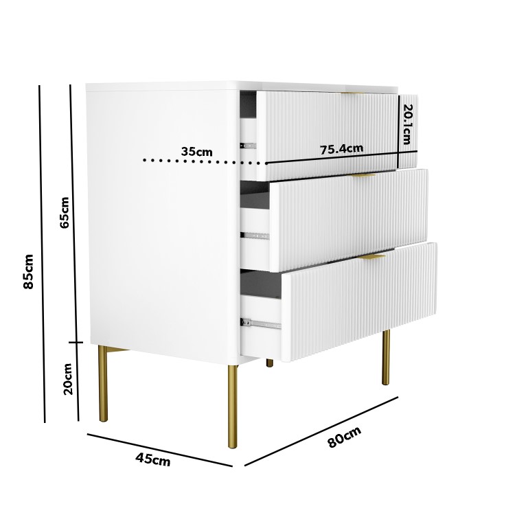 White High Gloss Chest of 3 Drawers with Gold Legs - Valencia