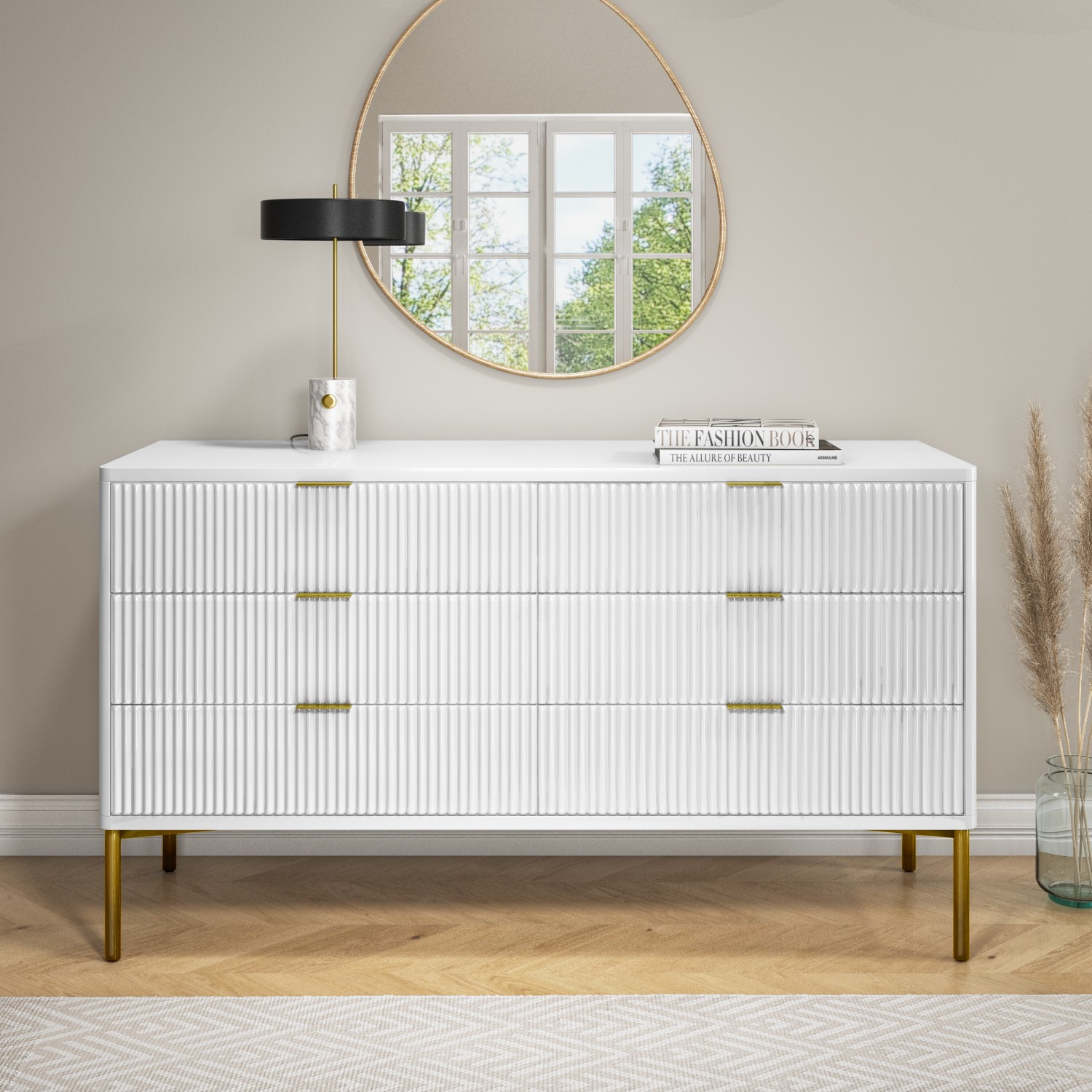 Carcass in White matt/Front in White High Gloss Calypso with a milled 3D Structure and frames in White High Gloss Vladon Cabinet Chest of Drawers Valencia 