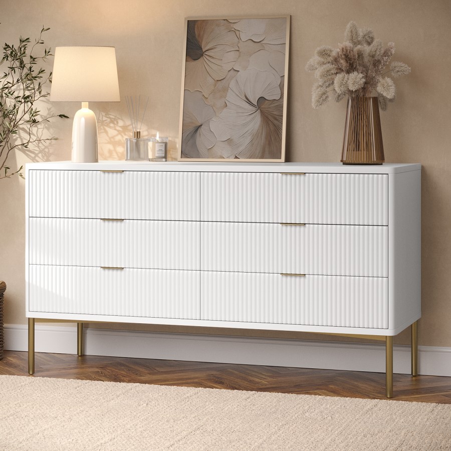 Wide White High Gloss Chest of 6 Drawers with Gold Legs - Valencia