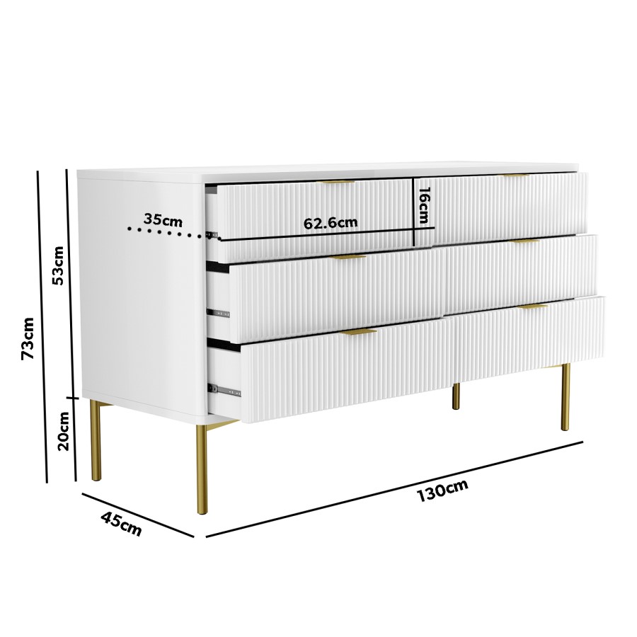 Wide White High Gloss Chest of 6 Drawers with Gold Legs - Valencia