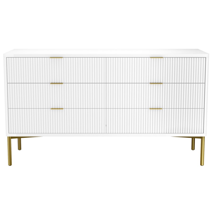 Wide White High Gloss Chest of 6 Drawers with Gold Legs - Valencia