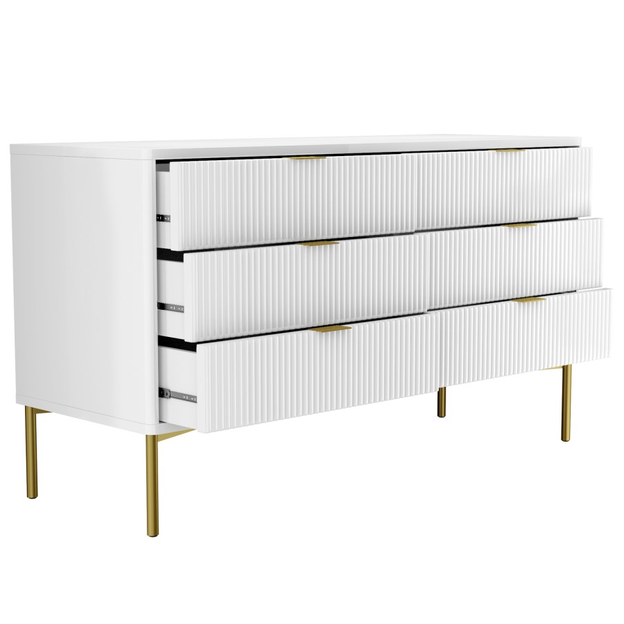 Wide White High Gloss Chest of 6 Drawers with Gold Legs - Valencia