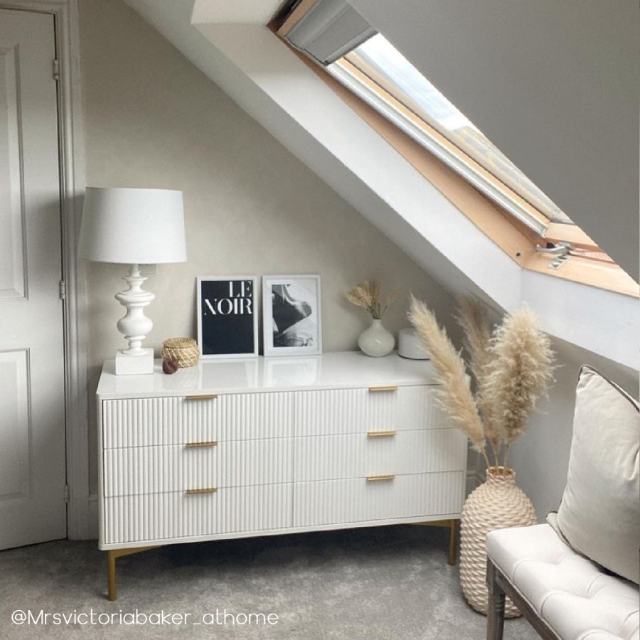 Wide White High Gloss Chest of 6 Drawers with Gold Legs - Valencia