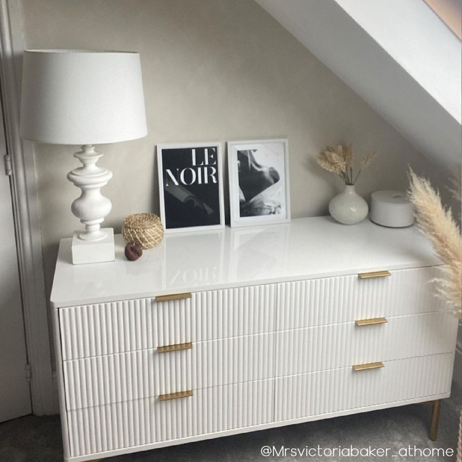 Wide White High Gloss Chest of 6 Drawers with Gold Legs - Valencia