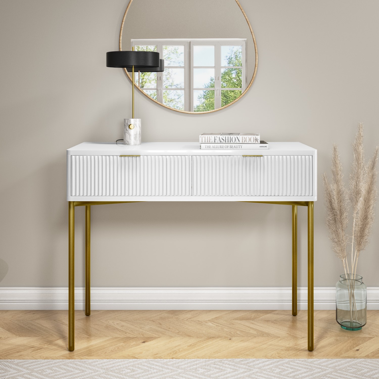 Photo of White and gold high gloss dressing table with 2 drawers - valencia