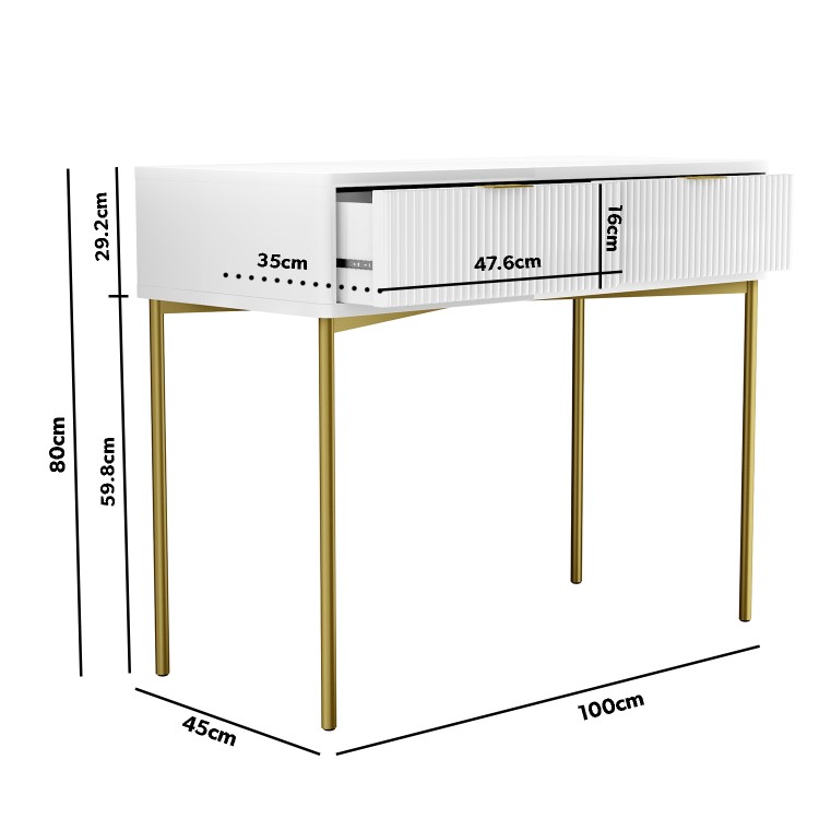 White and Gold High Gloss Dressing Table with 2 Drawers - Valencia