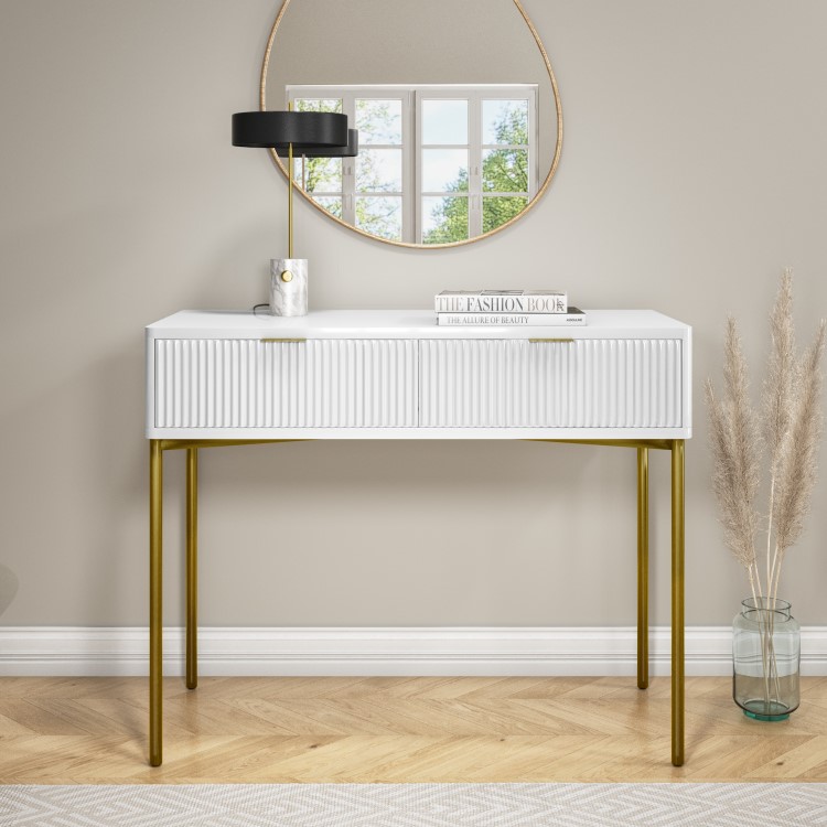 White and Gold High Gloss Dressing Table with 2 Drawers - Valencia