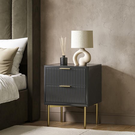 Dark Grey High Gloss 2 Drawer Bedside Table with Legs Valencia Furniture123