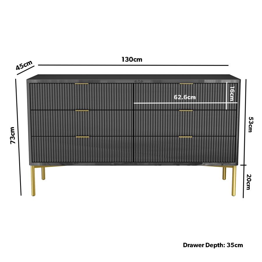 ONLY OPENED - Valencia Dark Grey Gloss Wide 6 Drawer Chest of Drawers