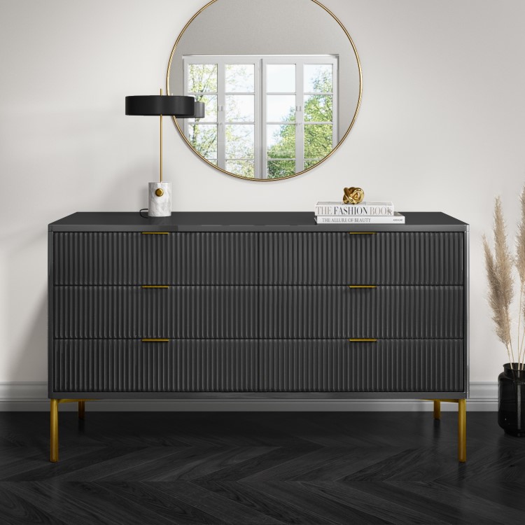 Wide Dark Grey High Gloss Chest 6 Drawers with Legs - Valencia