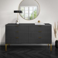 Dark Grey High Gloss Wide Chest 6 Drawers with Gold Legs - Valencia