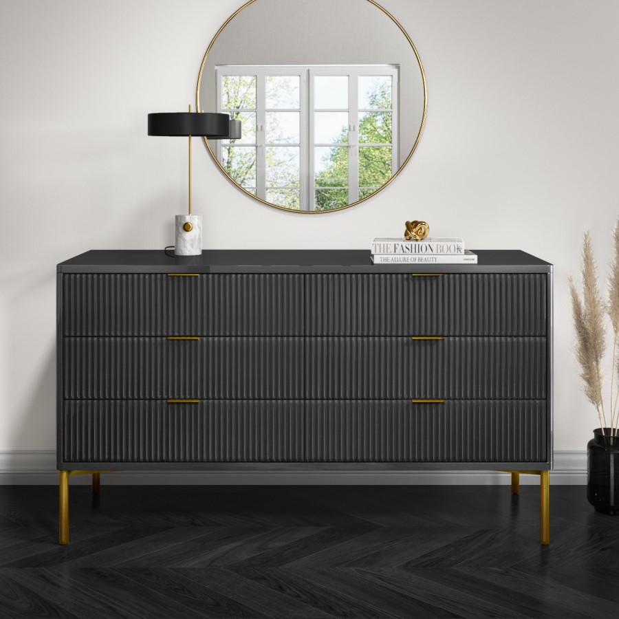 Dark Grey High Gloss Wide Chest 6 Drawers with Gold Legs - Valencia
