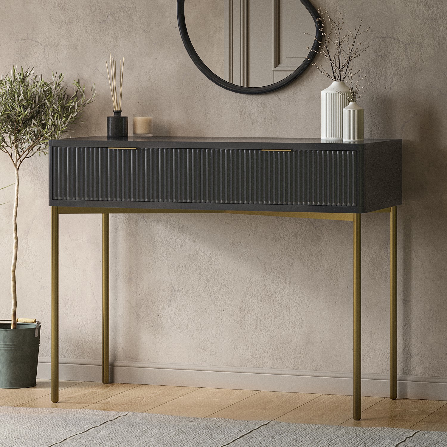 dark grey dressing table Modern Makeup Vanity Table with Mirror & Stool Open Shelves & Drawers Wooden Bedroom Dressing Table Gray & Dark Grey 100x40x125.5cm Perfect for