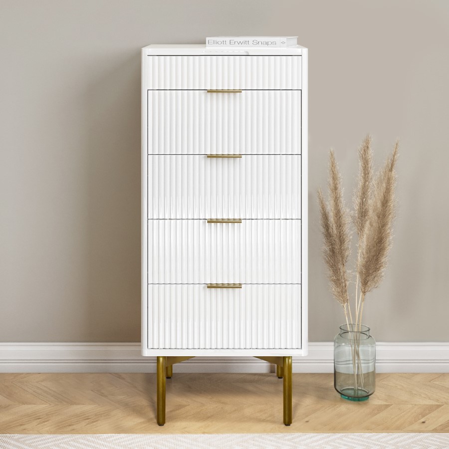 ONLY OPENED - Tall Narrow White High Gloss Chest of 5 Drawers with Mirror - Valencia