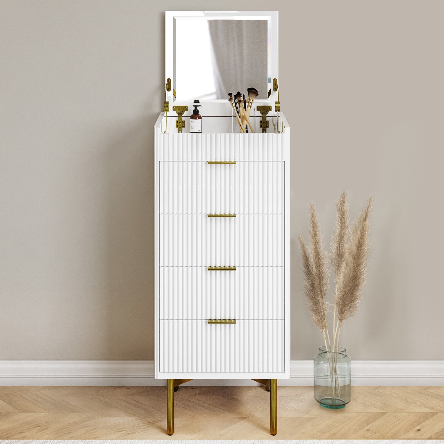 Photo of Tall narrow white high gloss chest of 5 drawers with mirror - valencia