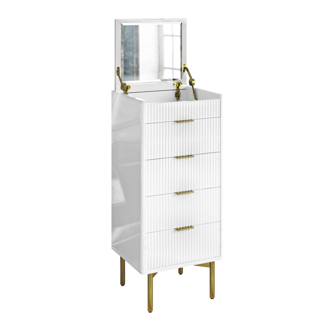 ONLY OPENED - Tall Narrow White High Gloss Chest of 5 Drawers with Mirror - Valencia