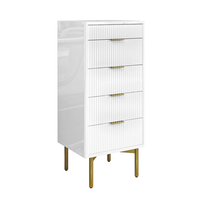 ONLY OPENED - Tall Narrow White High Gloss Chest of 5 Drawers with Mirror - Valencia