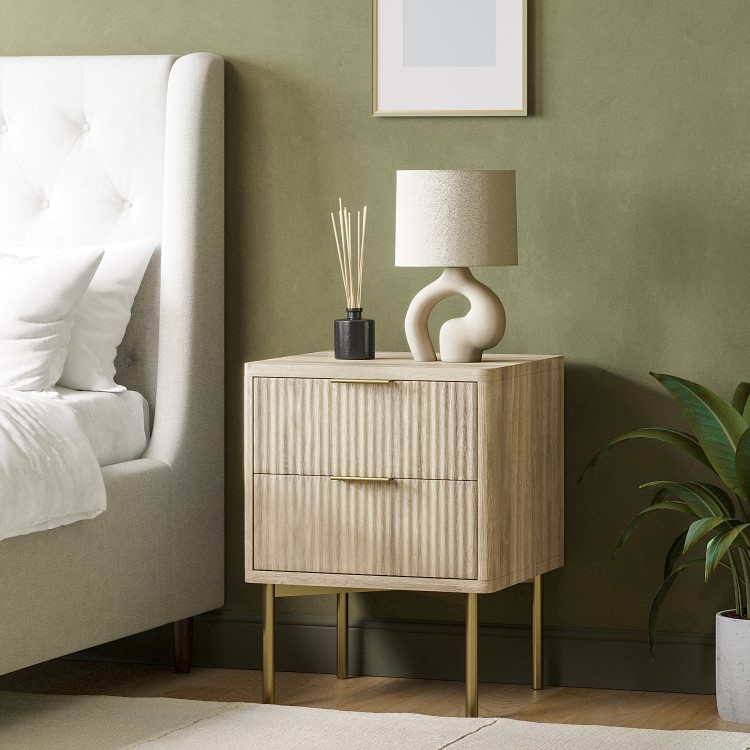 ALMOST PERFECT - Oak and Gold Ribbed 2 Drawer Bedside Table with Legs - Valencia