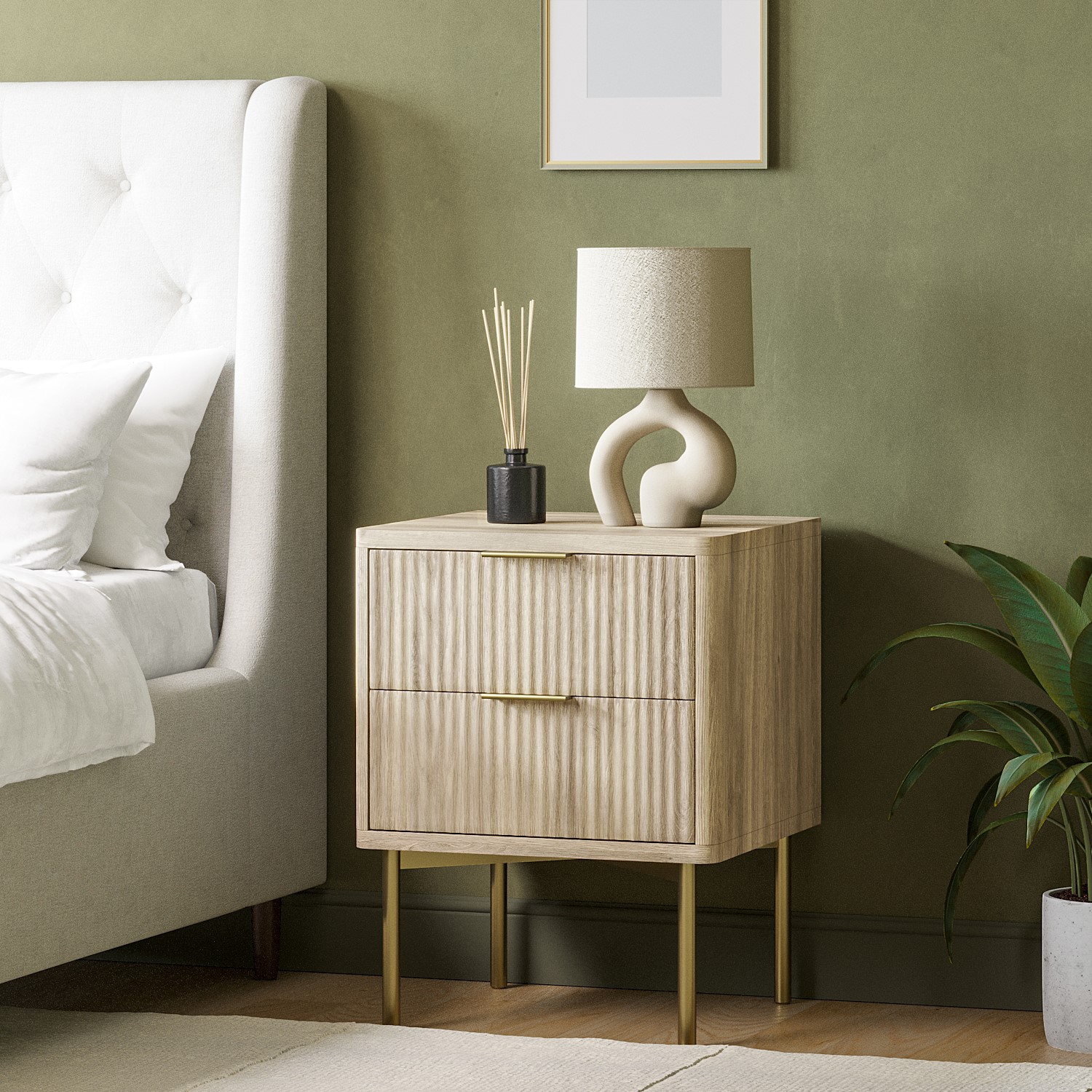 Photo of Oak and gold ribbed 2 drawer bedside table with legs - valencia